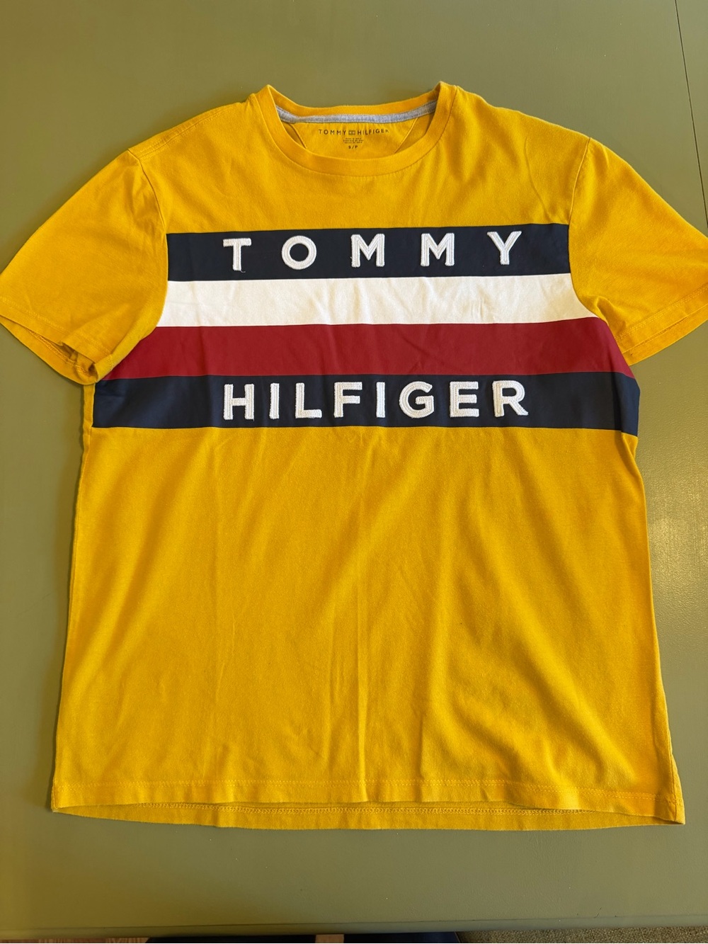 Tommy Hilfiger Men’s Yellow Crewneck with Navy White and Red Stripe Logo